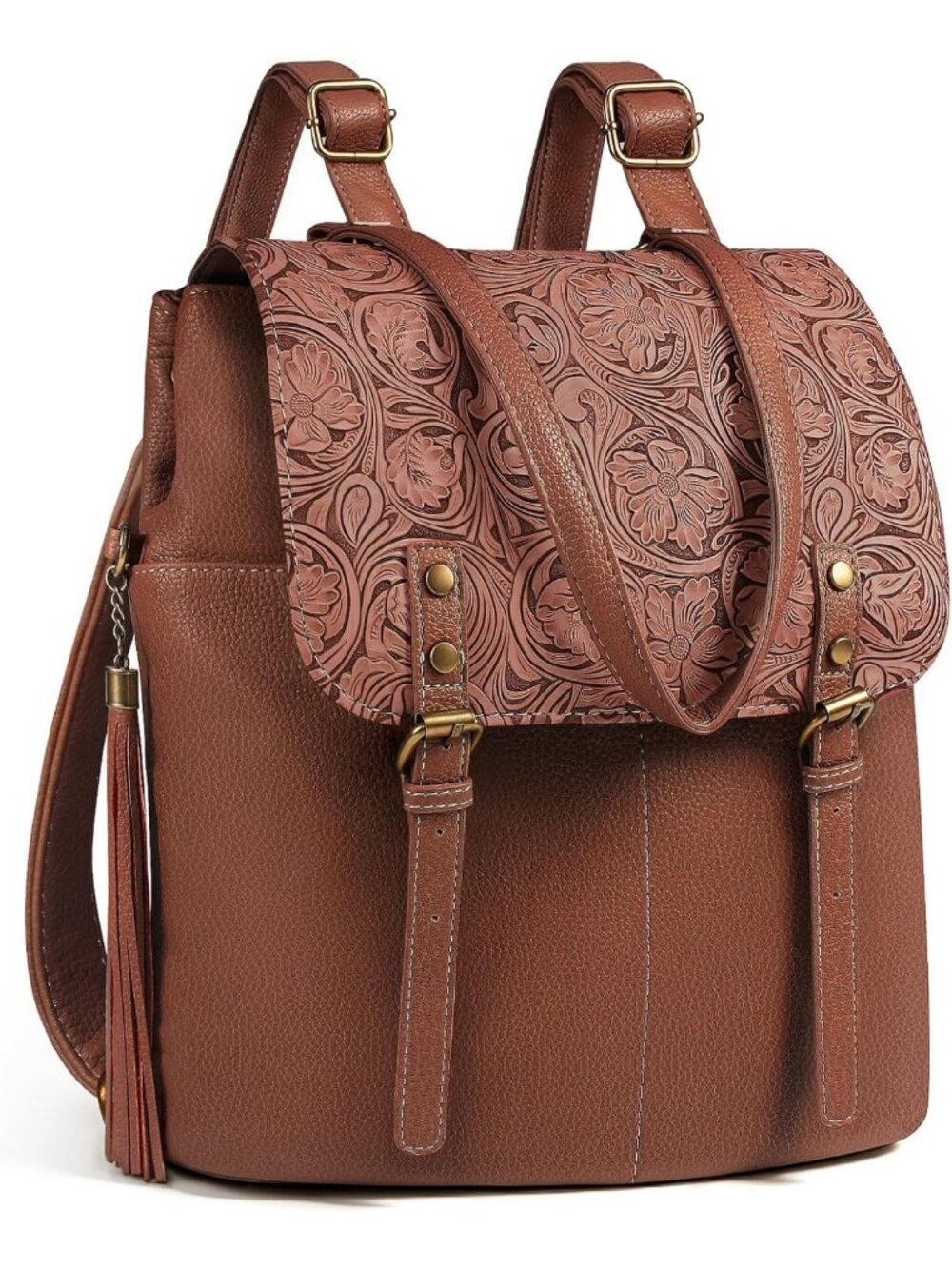 Vintage Leather Backpack Purse for Women - Stylish Paisley Red & Brown Design